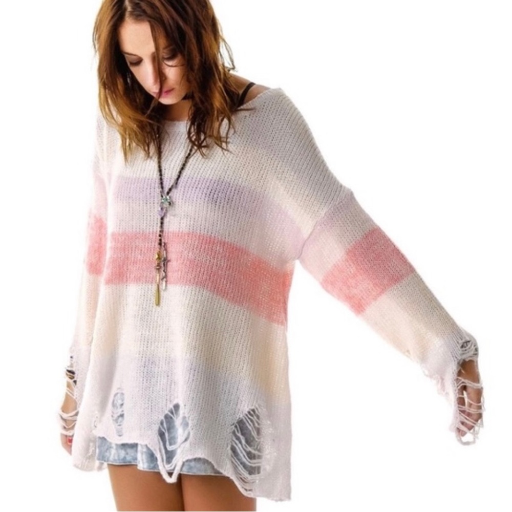 WILDFOX White Label Popsicle Lennon Pastel Distressed Cozy Cute Knit Sweater S